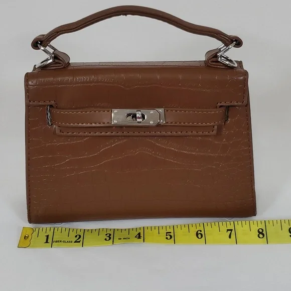 NEW BROWN CROC EMBOSSED FAUX LEATHER SMALL SATCHEL CROSSBODY BAG - Picture 10 of 13